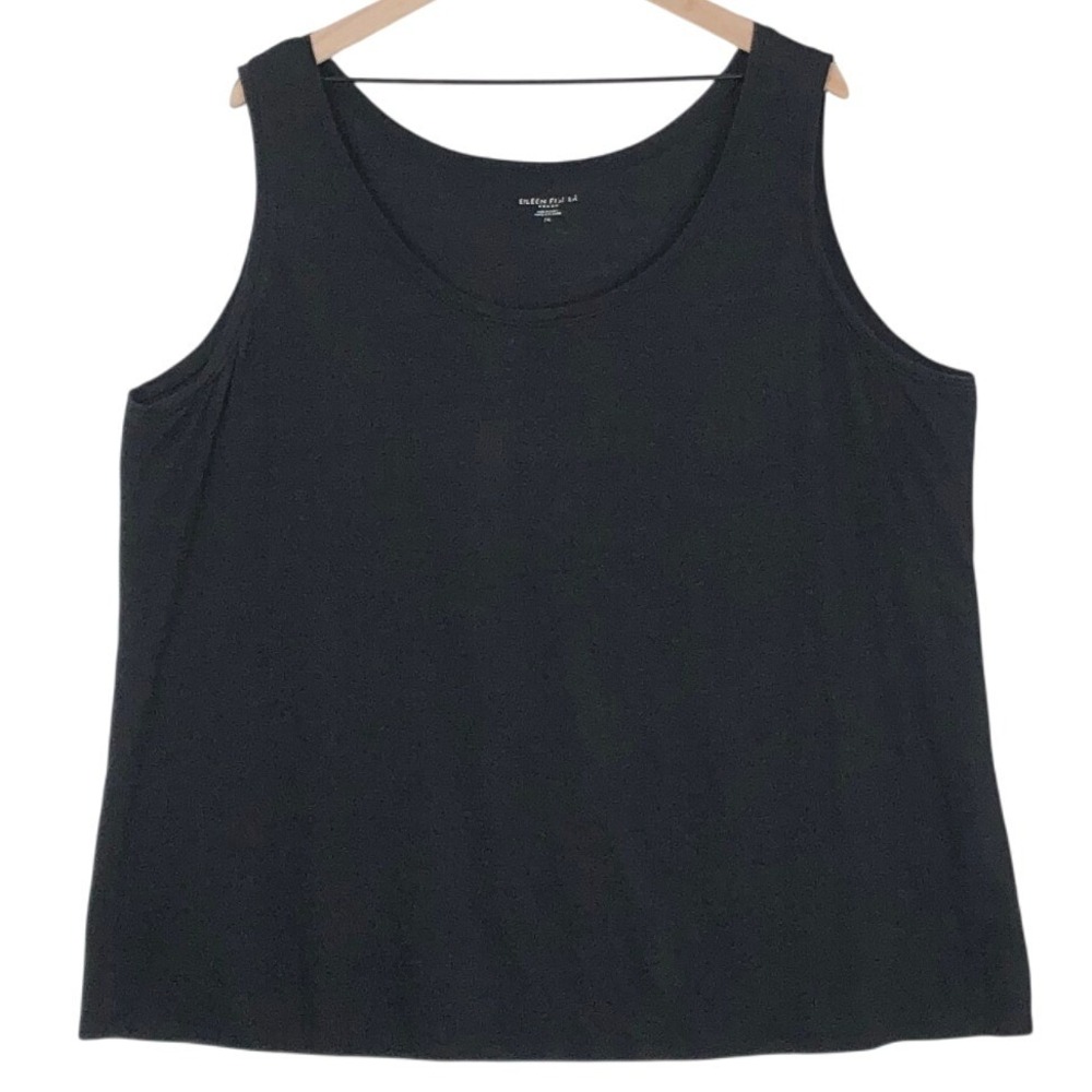 EILEEN FISHER Woman 100% Organic Linen Scoop Neck Tank Top Plus Sz 3X Black Slub